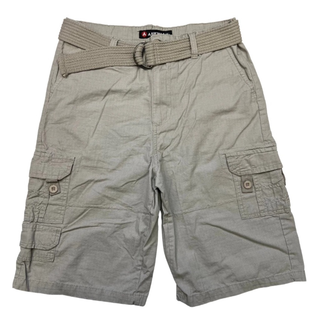 Airwalk Boy's Mid Rise Gray Knee Length Cargo Shorts Pockets Belt Size 16